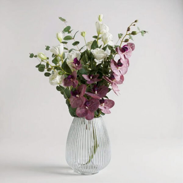 Orchid & Wild Rose Arrangement in Smoke Grey Vase