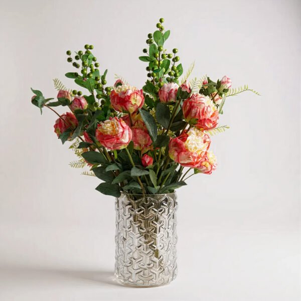 Pink Peony and Eucalyptus Arrangement in Smoke Grey Vase
