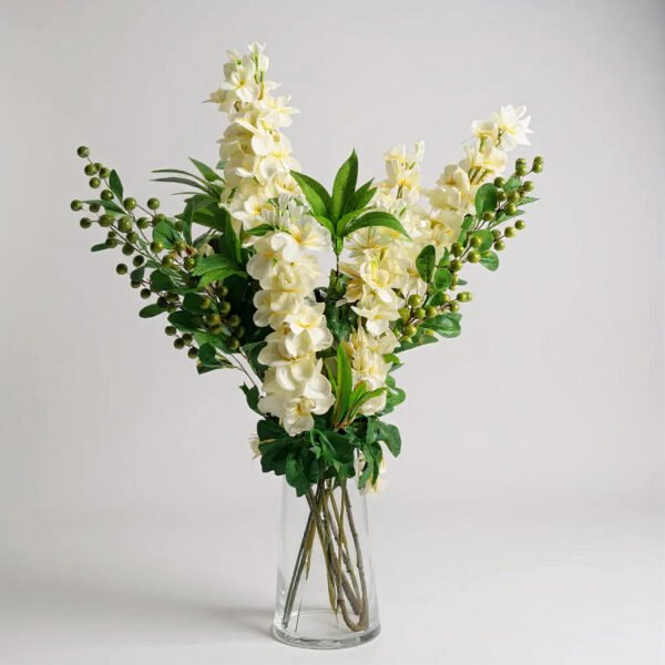 Berry & Cream Delphinium Arrangement in Smoke Grey Vase