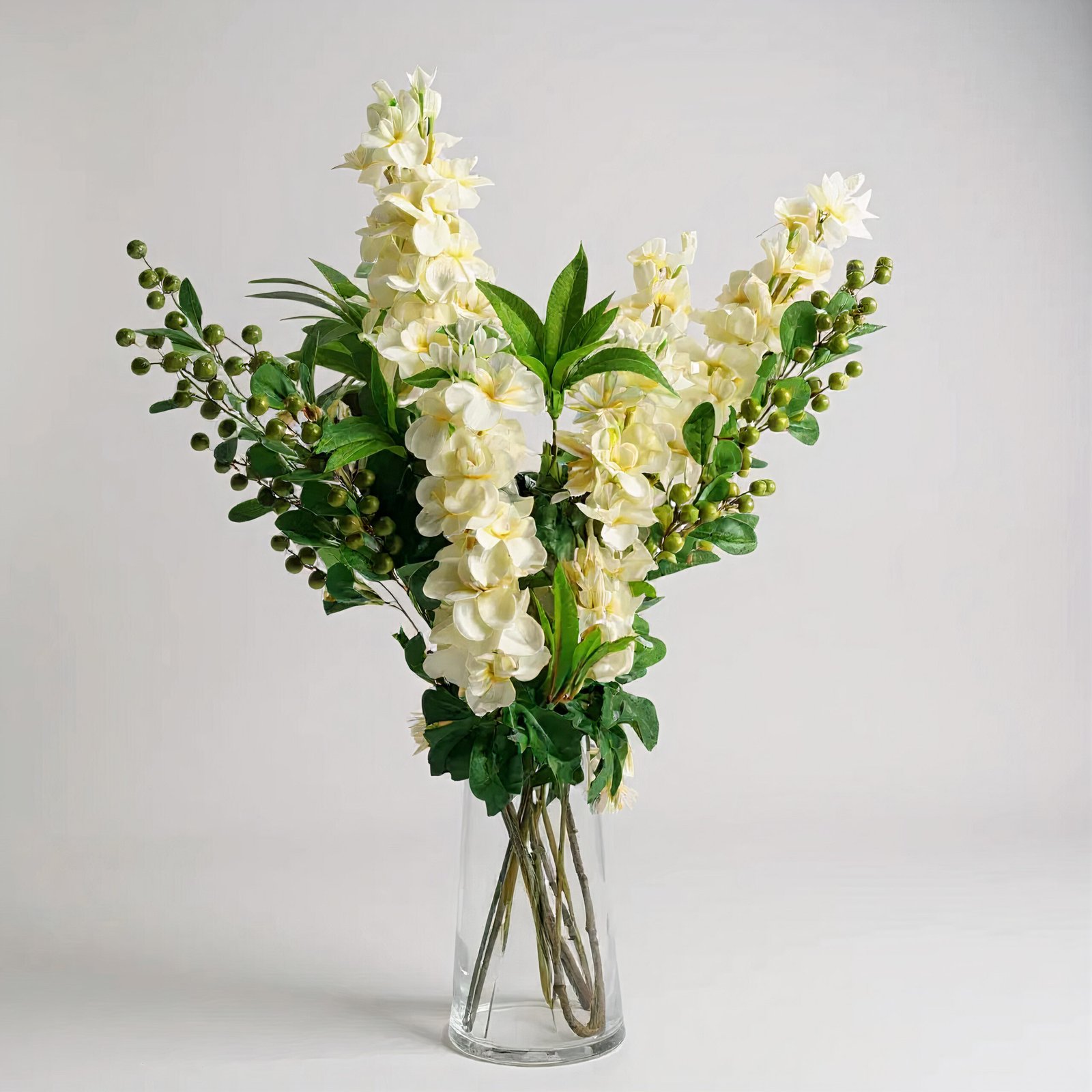 Berry & Cream Delphinium Arrangement in Smoke Grey Vase