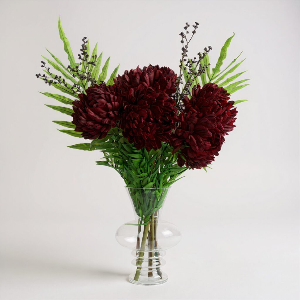 Red Chrysanthemum Arrangement in Clear Bubble Vase