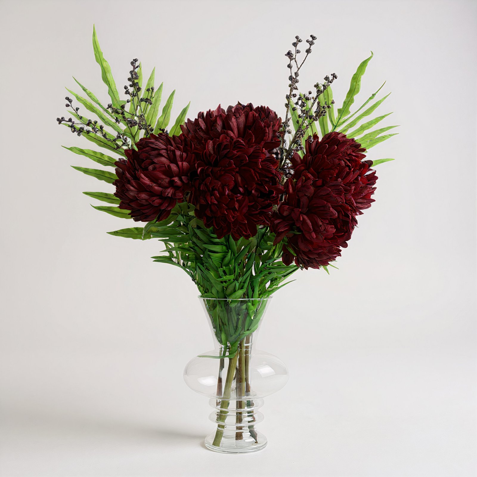 Red Chrysanthemum Arrangement in Clear Bubble Vase